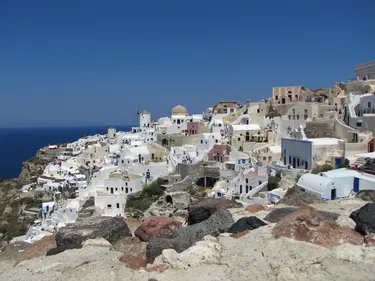 santorini greece women overlook